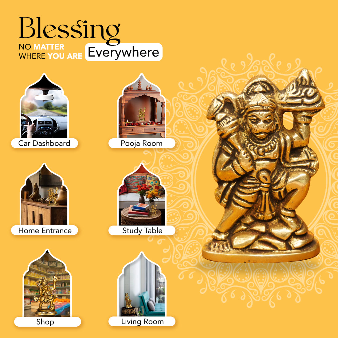 Brass Hanuman Idol for Car Dashboard, Office Desk & Home Decor ( Size - 6cm)