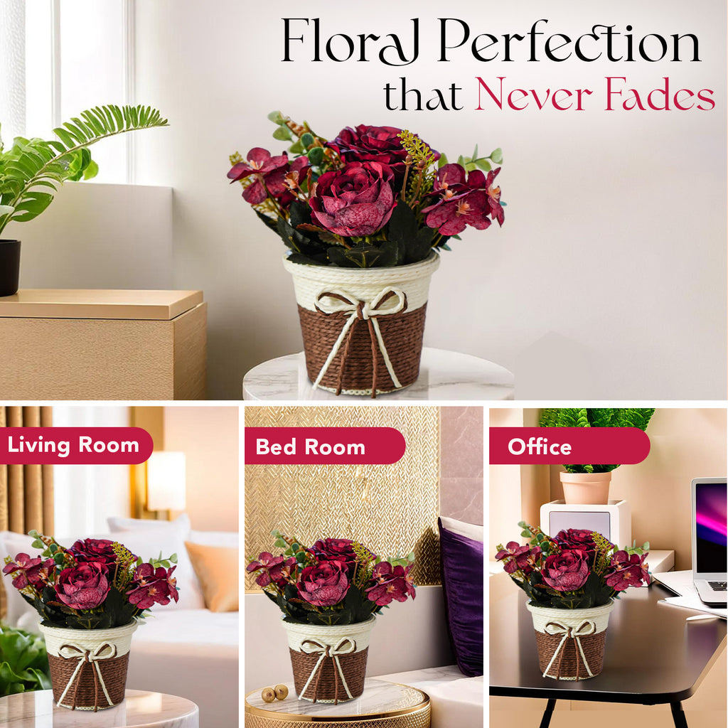 Artificial Rose Flower with Pot for Home Decor, Table Decor & Gifting