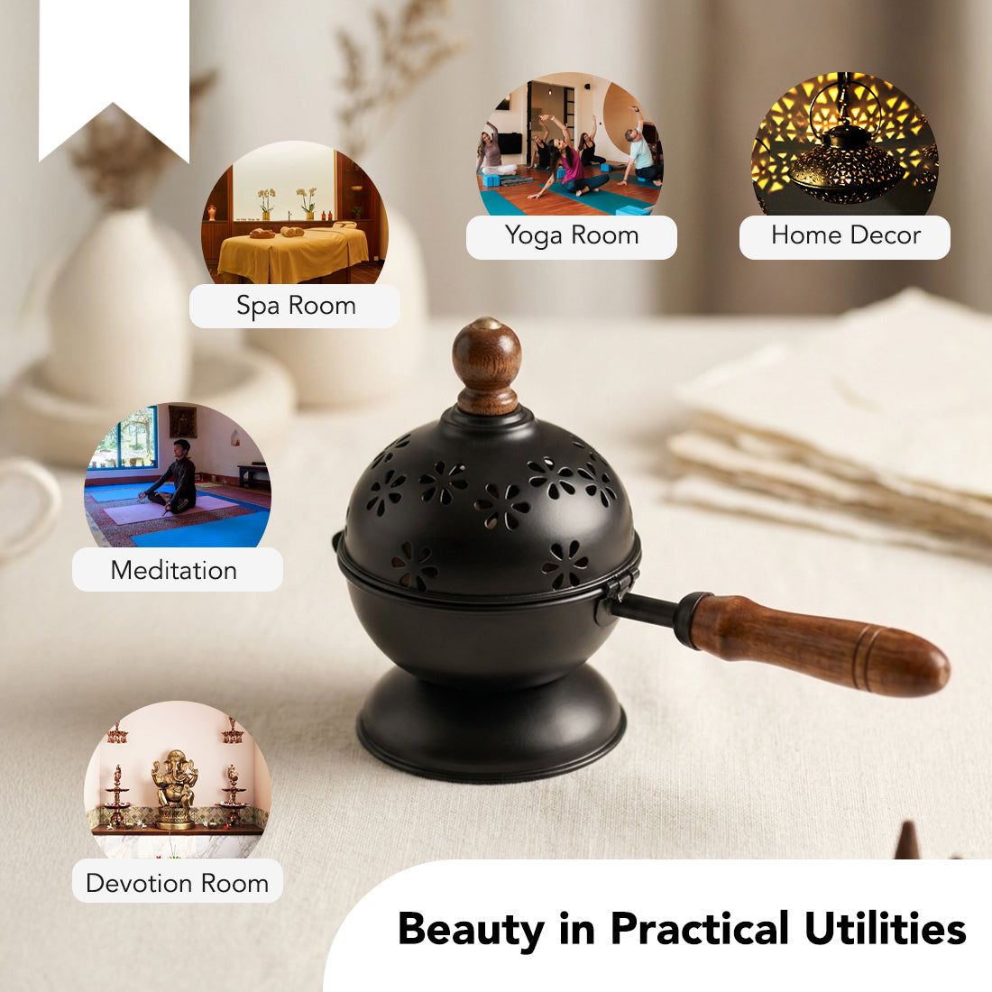 Metal Dhoop Dani with Wooden Handle for Pooja, Meditation & Home Temple Rituals
