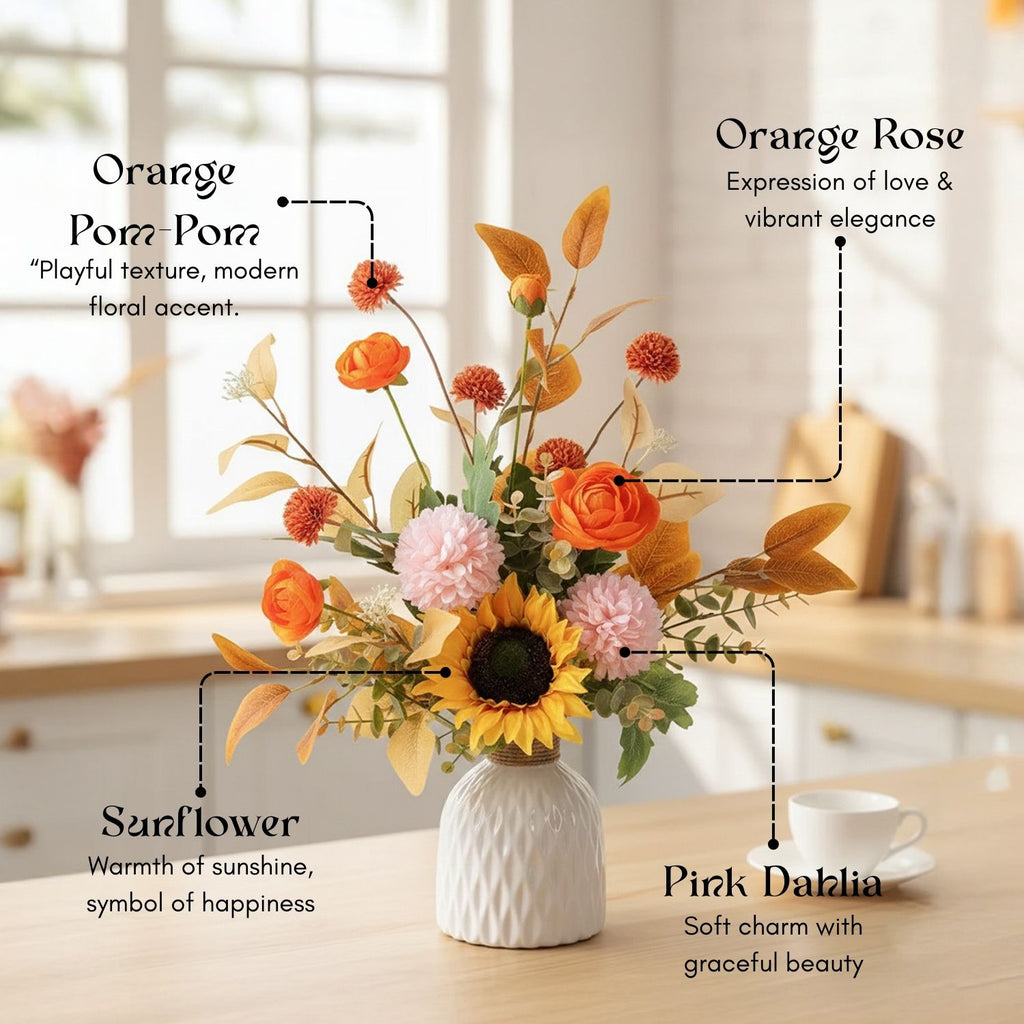 Ceramic Vase with Artificial Flowers for Home Decor, Office Desk & Gifting