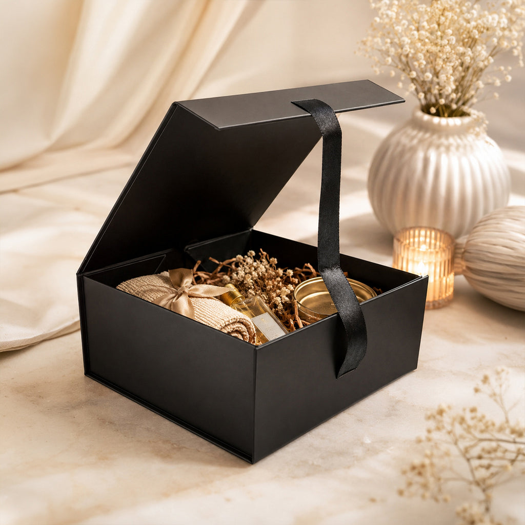 Black Foldable Multipurpose Empty Gift Hamper Box with Magnetic Closure & Ribbon (21.5 x 21 x 9.5 cm)