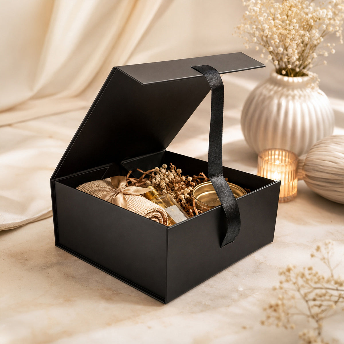 Black Foldable Multipurpose Empty Gift Hamper Box with Magnetic Closure & Ribbon (21.5 x 21 x 9.5 cm)