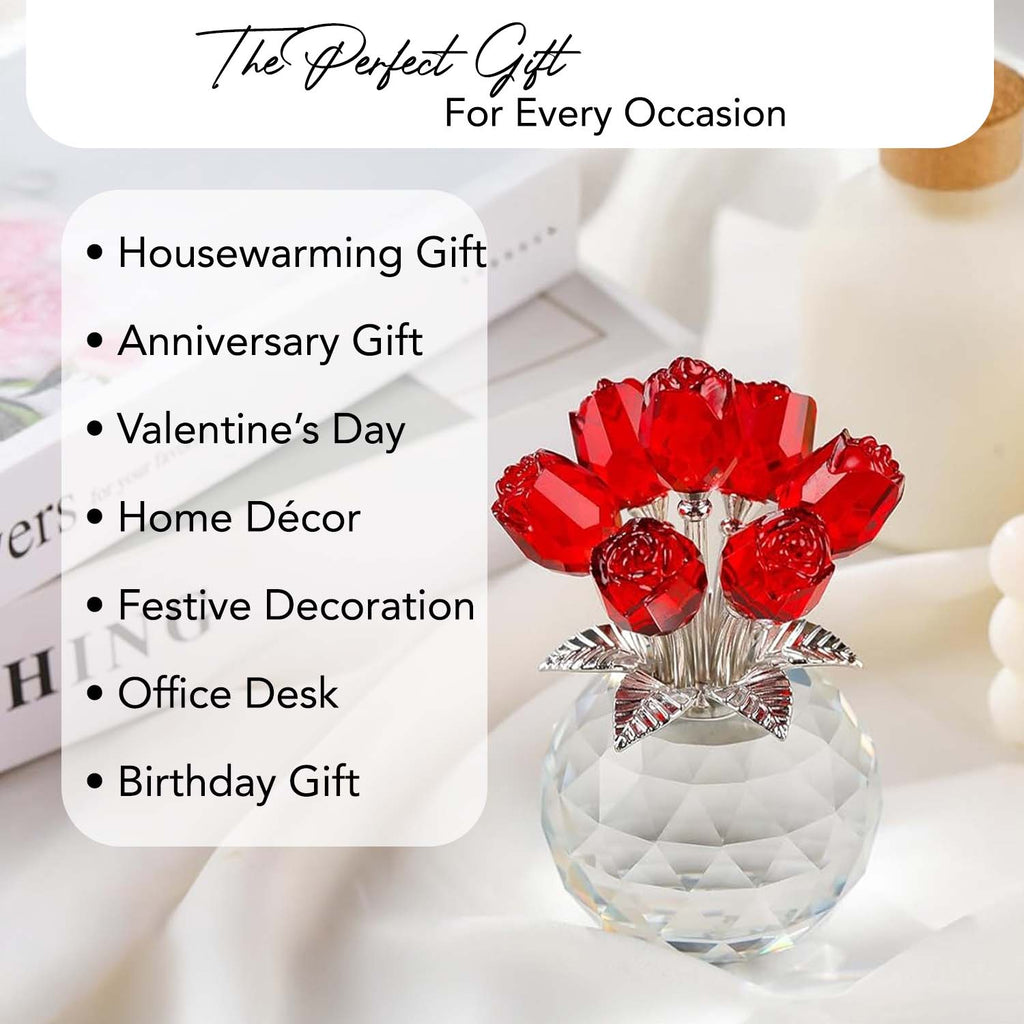 Crystal Red Rose Showpiece with Vase for Home Decor, Office & Table Decoration