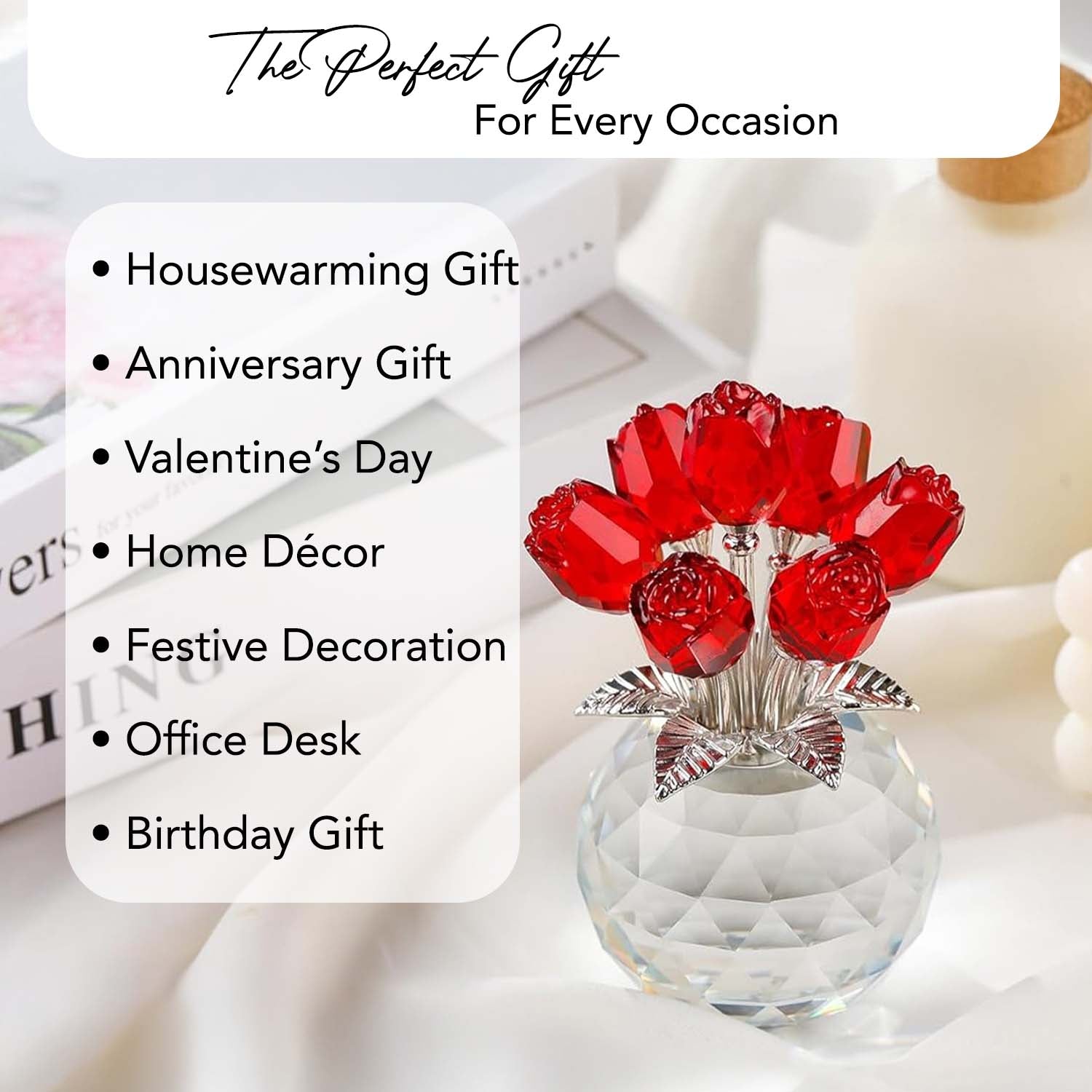 Crystal Red Rose Showpiece with Vase for Home Decor, Office & Table Decoration
