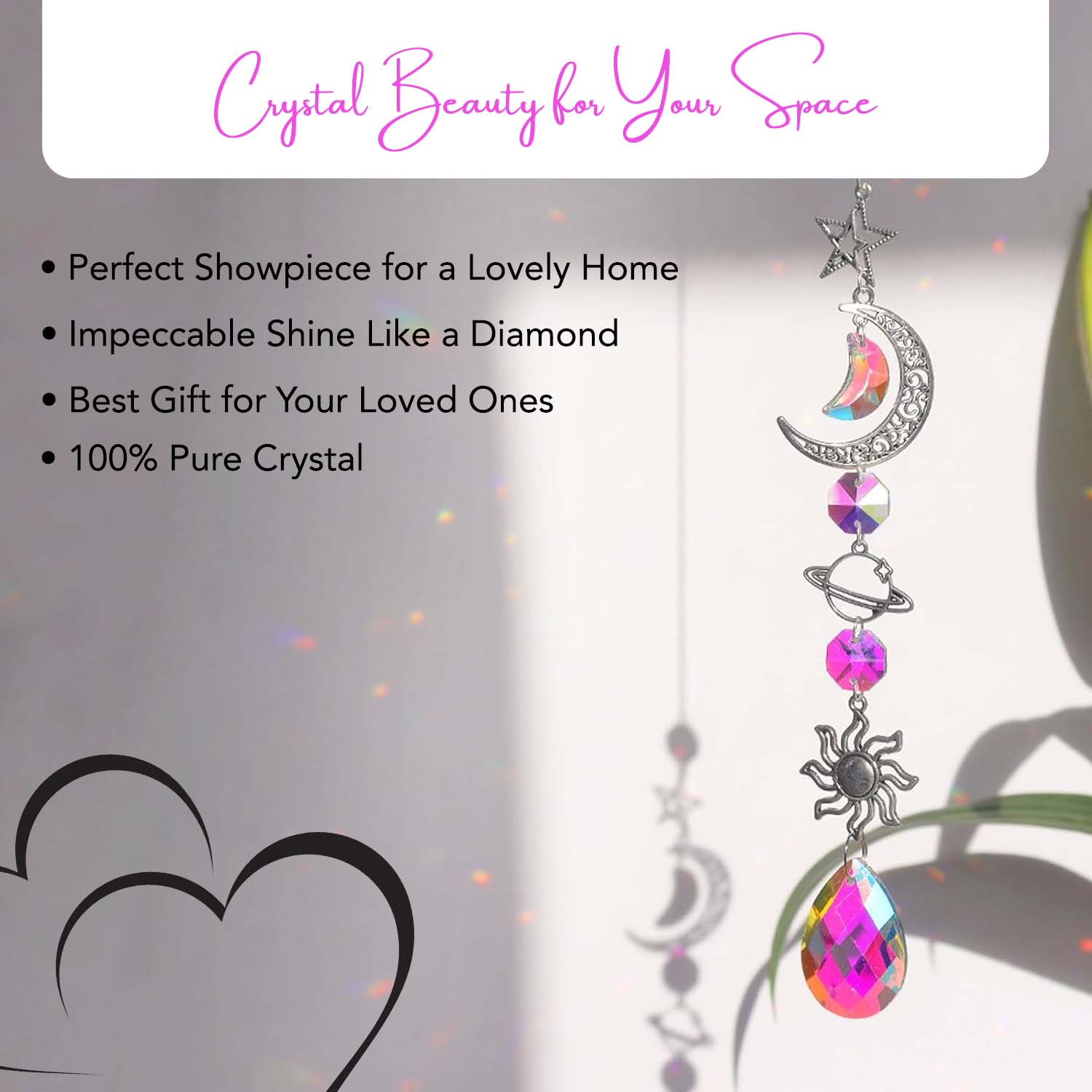 Crystal Sun Catcher Hanging with Metal Pendants for Home Decor, Car Dashboard & Gifting