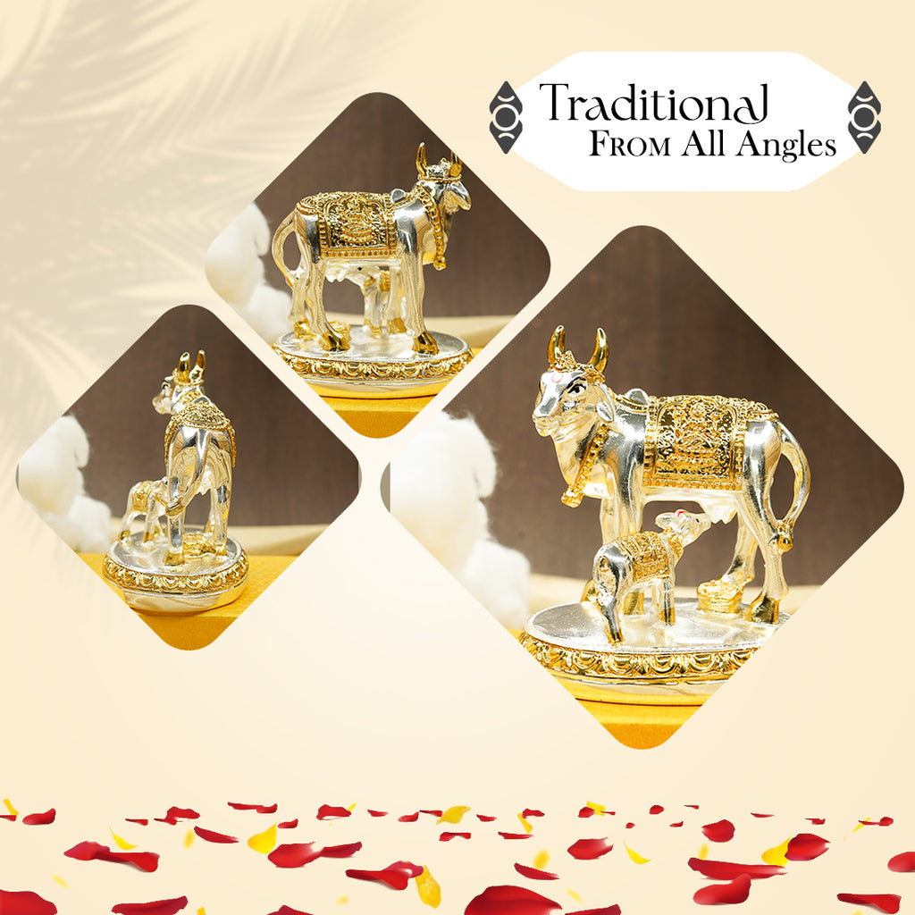 24K Gold and 999 Silver Plated Kamdhenu Cow with Calf Vastu Idol for Home Decor & Pooja
