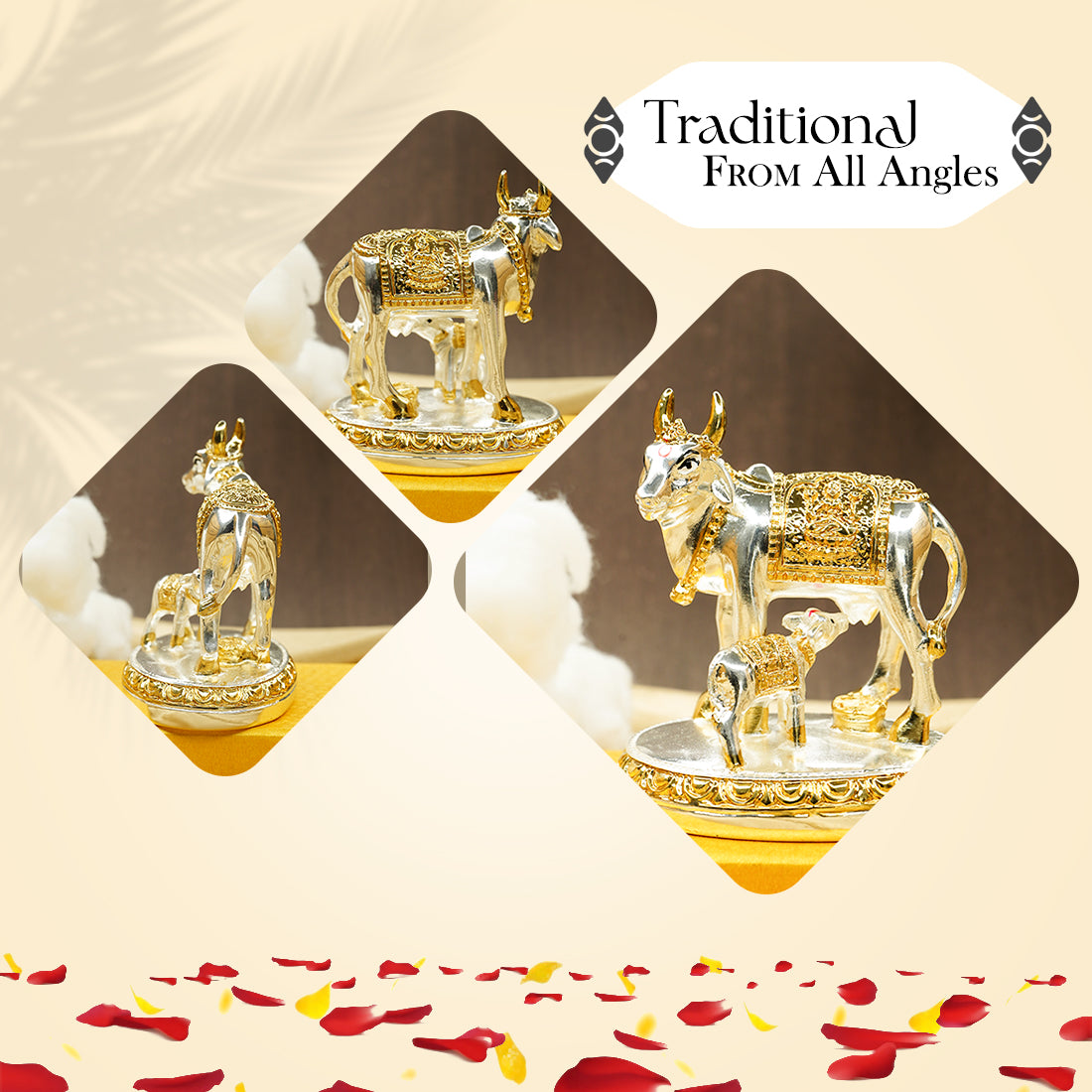24K Gold and 999 Silver Plated Kamdhenu Cow with Calf Vastu Idol for Home Decor & Pooja