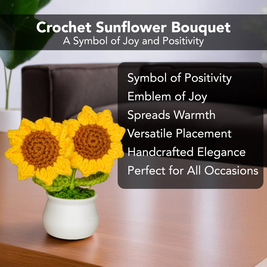 Crochet Sunflower with Pot for Car Dashboard, Table Decor, Office & Home Gifting