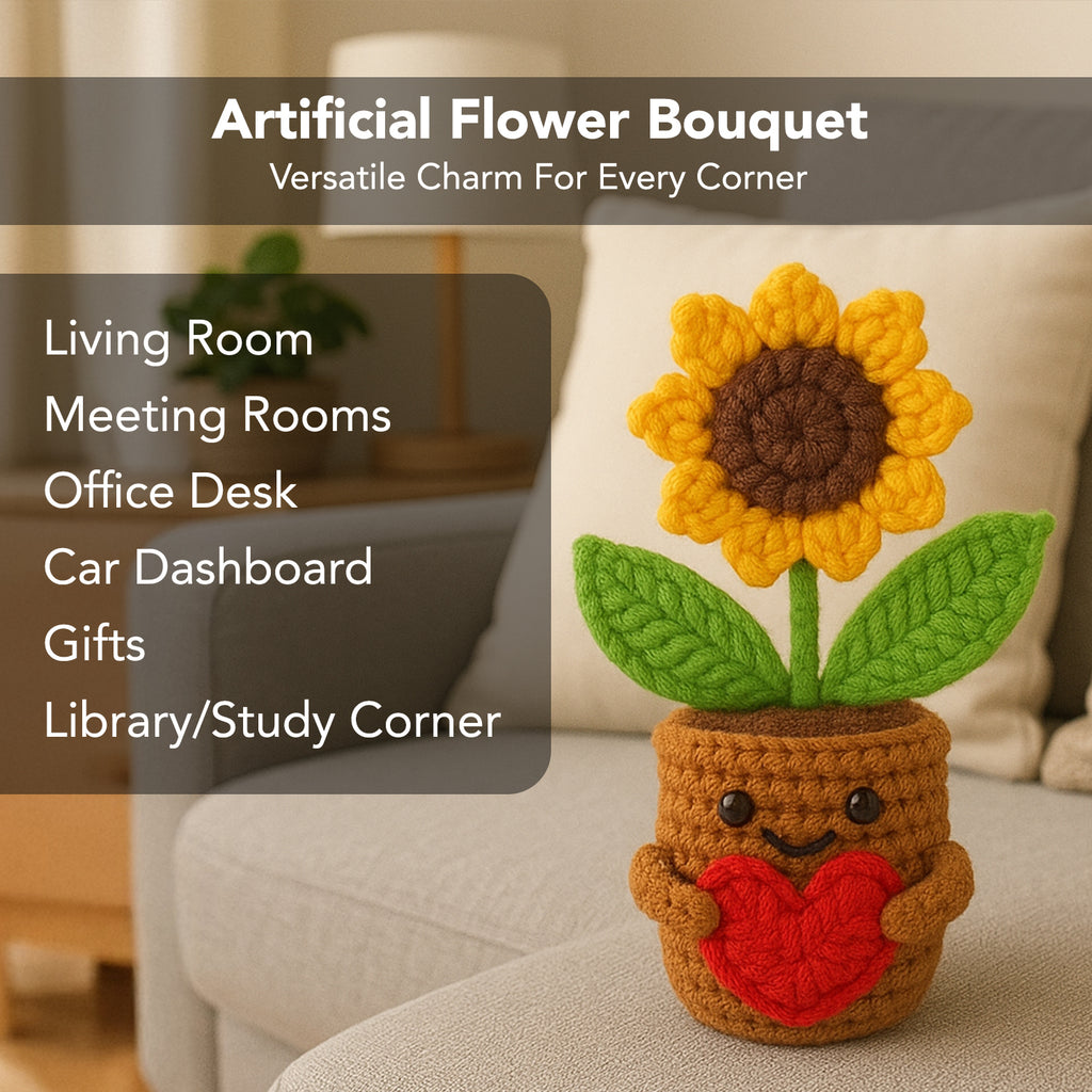Sunflower with Heart Crochet Flowers Pot for Home Decor, Car Dashboard & Gifting