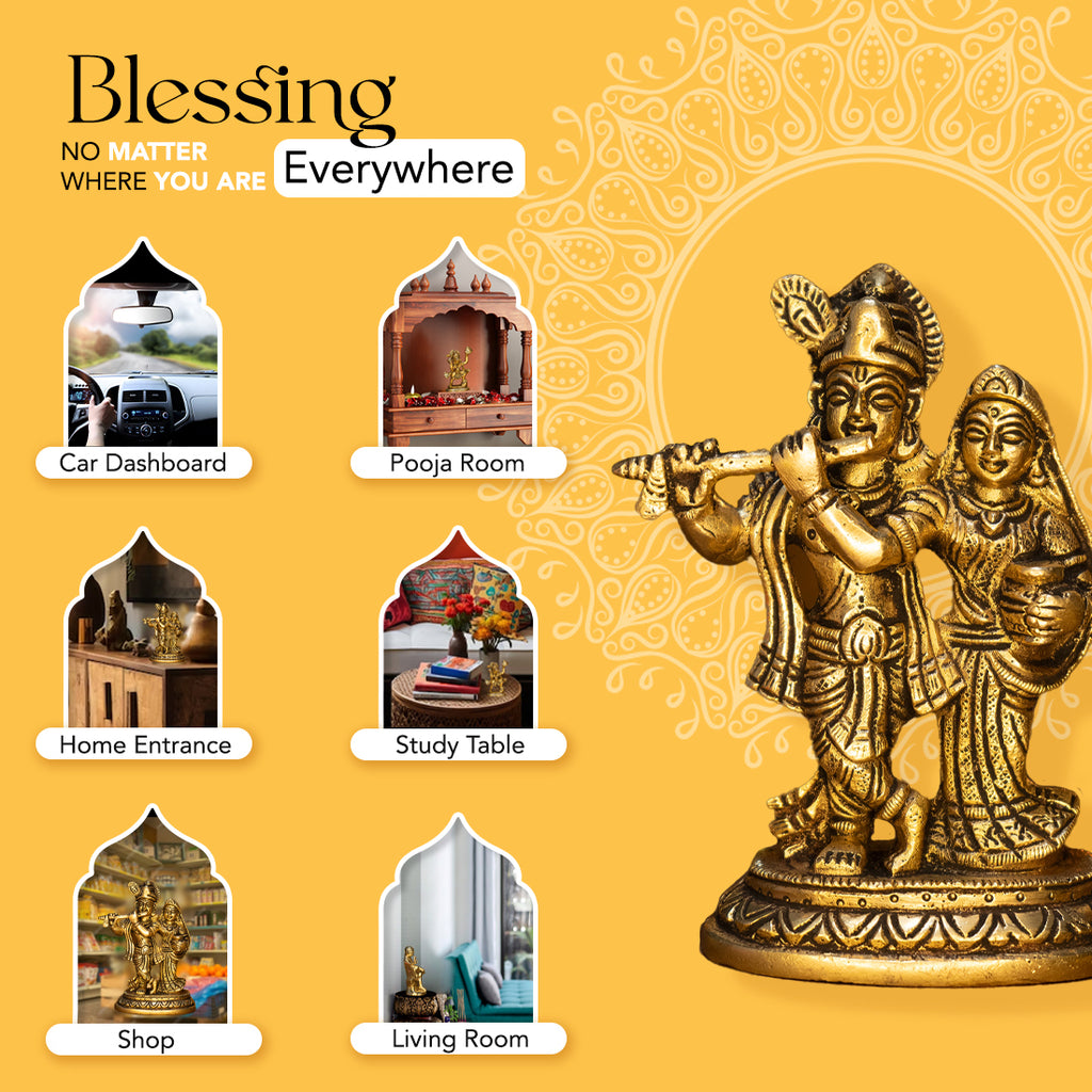 Brass Radha Krishna Idol for Pooja, Home Decor & Spiritual Gifting (Size -12.8cm )