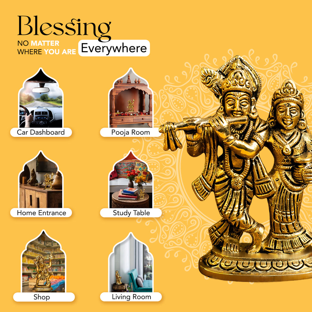 Brass Radha Krishna Idol (Size: 10.6 cm) for Pooja Room, Home Decor & Spiritual Gifting