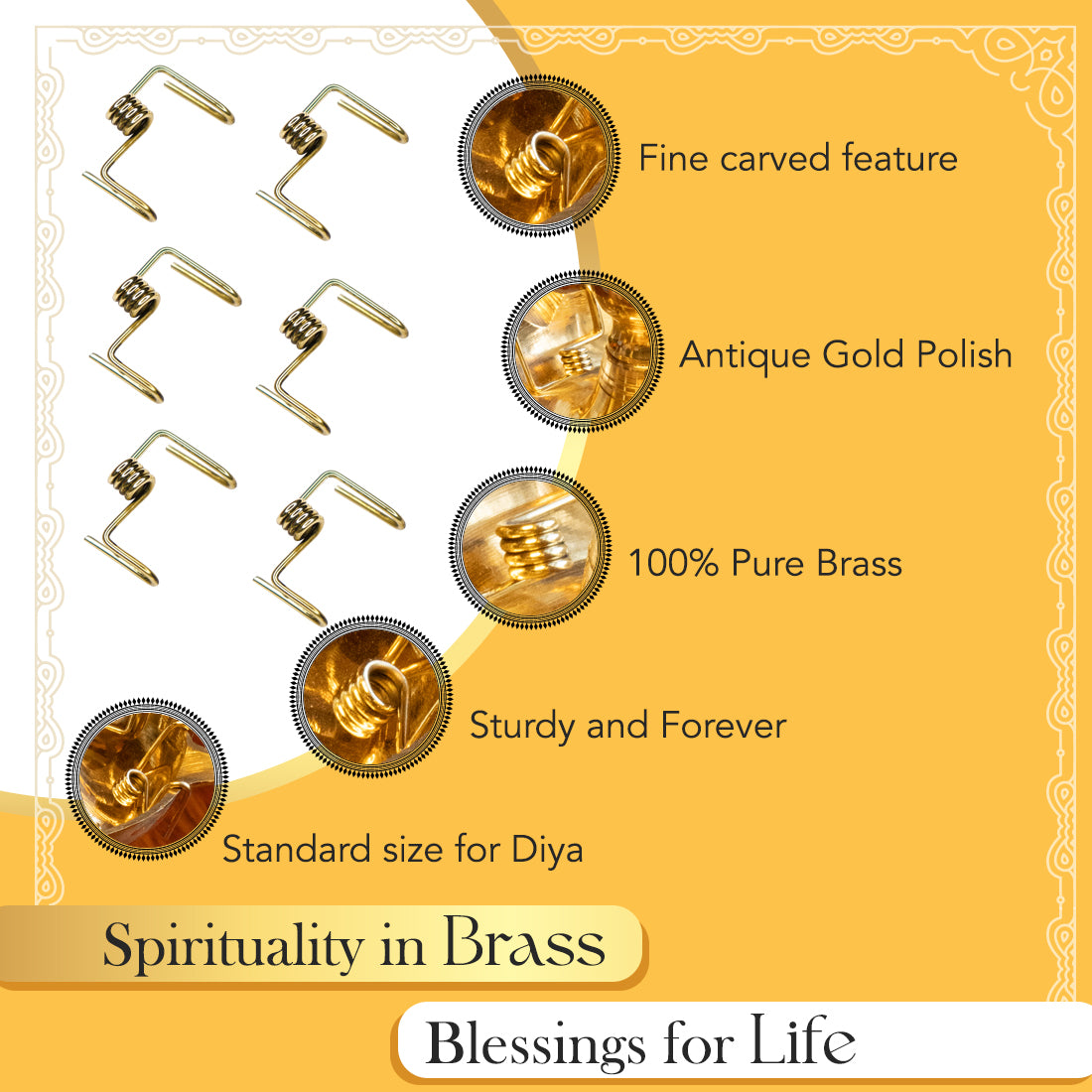 Brass Wick Holders for Oil Lamp & Diya (Set of 6)
