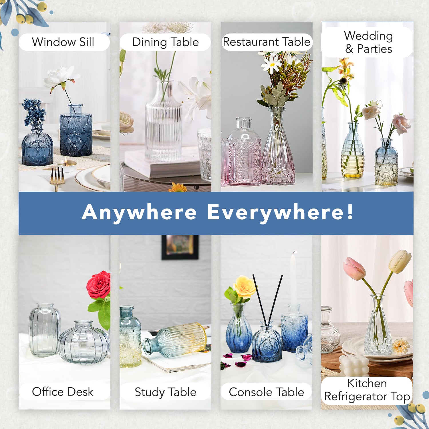 Glass Bud Vases Set of 5 for Home Decor , Table Decoration & Gifting