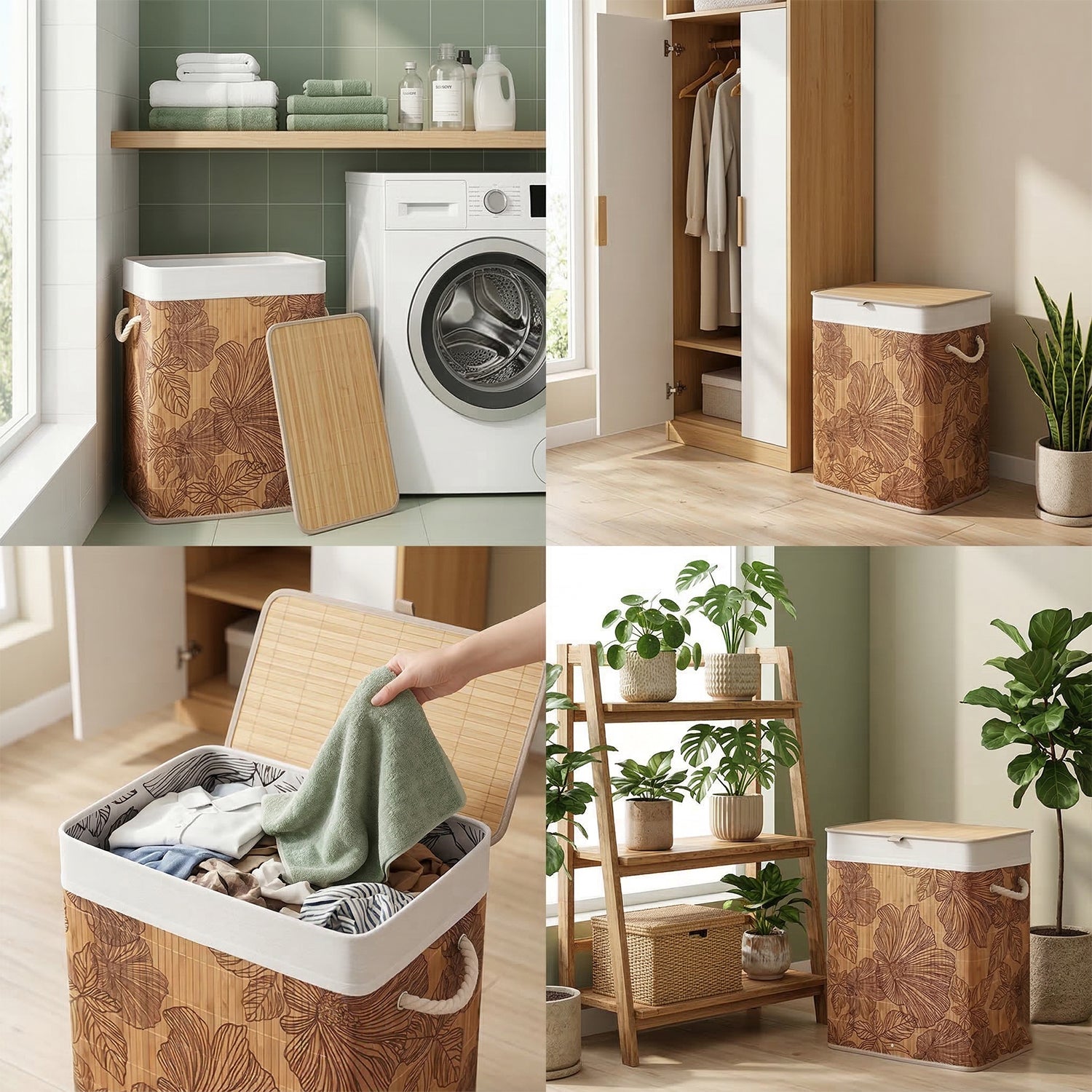 Bamboo Floral Foldable Laundry Basket with Lid for Storage & Organization