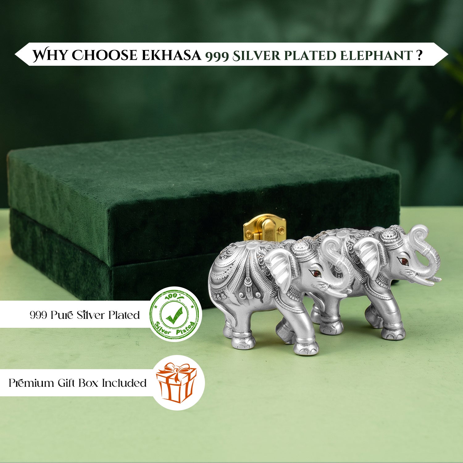 999 Silver Plated Elephant Pair with Green Velvet Gift Box for Vastu, Housewarming & Wedding Gift