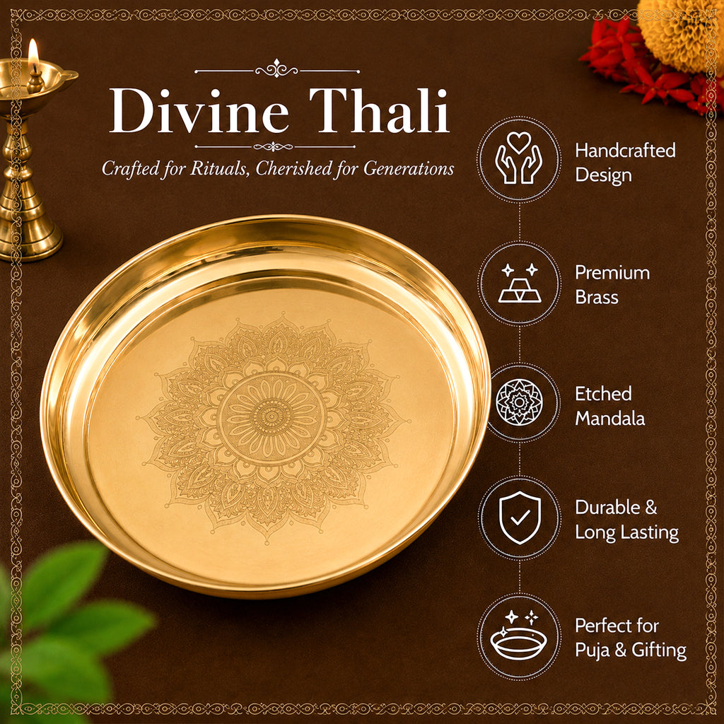 Brass Mandala Engraved Pooja Thali(8 inch) for Aarti, Pooja Rituals, Festive & Gifting
