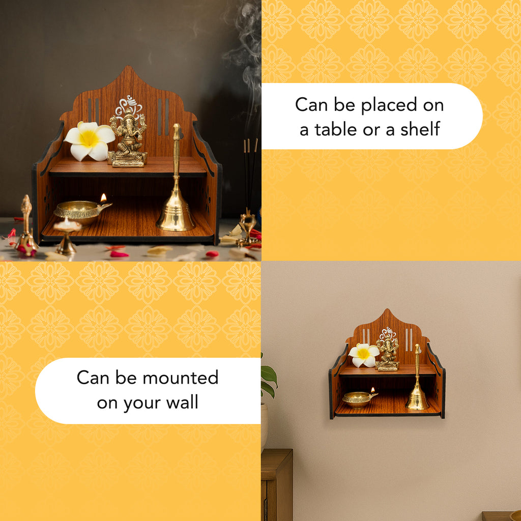 Wooden Wall Mounted Temple with Bells for Puja , Office & Home Decor
