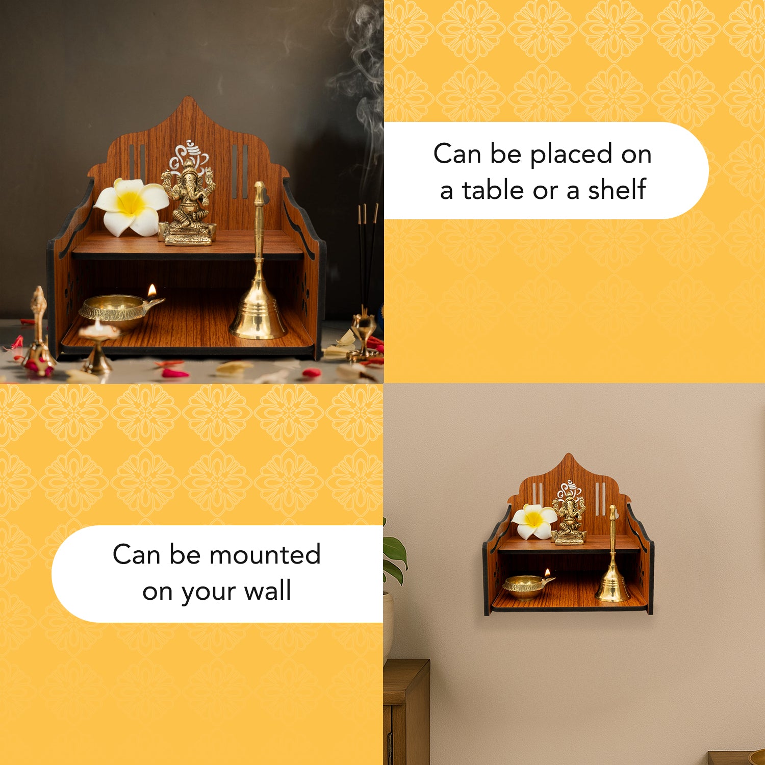 Wooden Wall Mounted Temple with Bells for Puja , Office & Home Decor