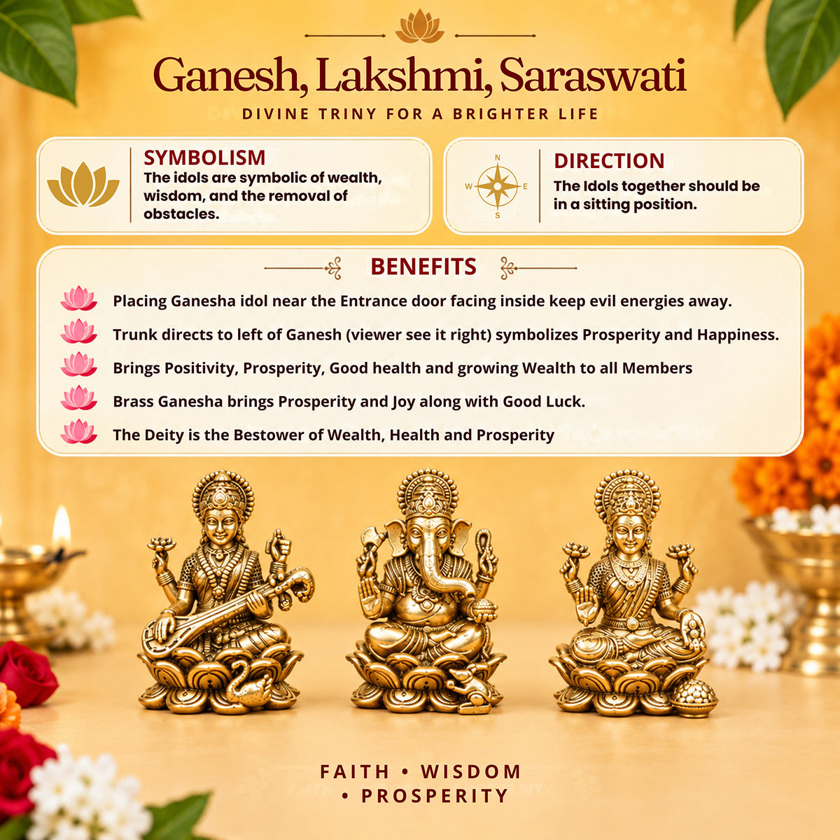 Pure Brass Lakshmi Ganesh Saraswati Idol with Velvet Gift Box for Housewarming, Wedding & Gifting