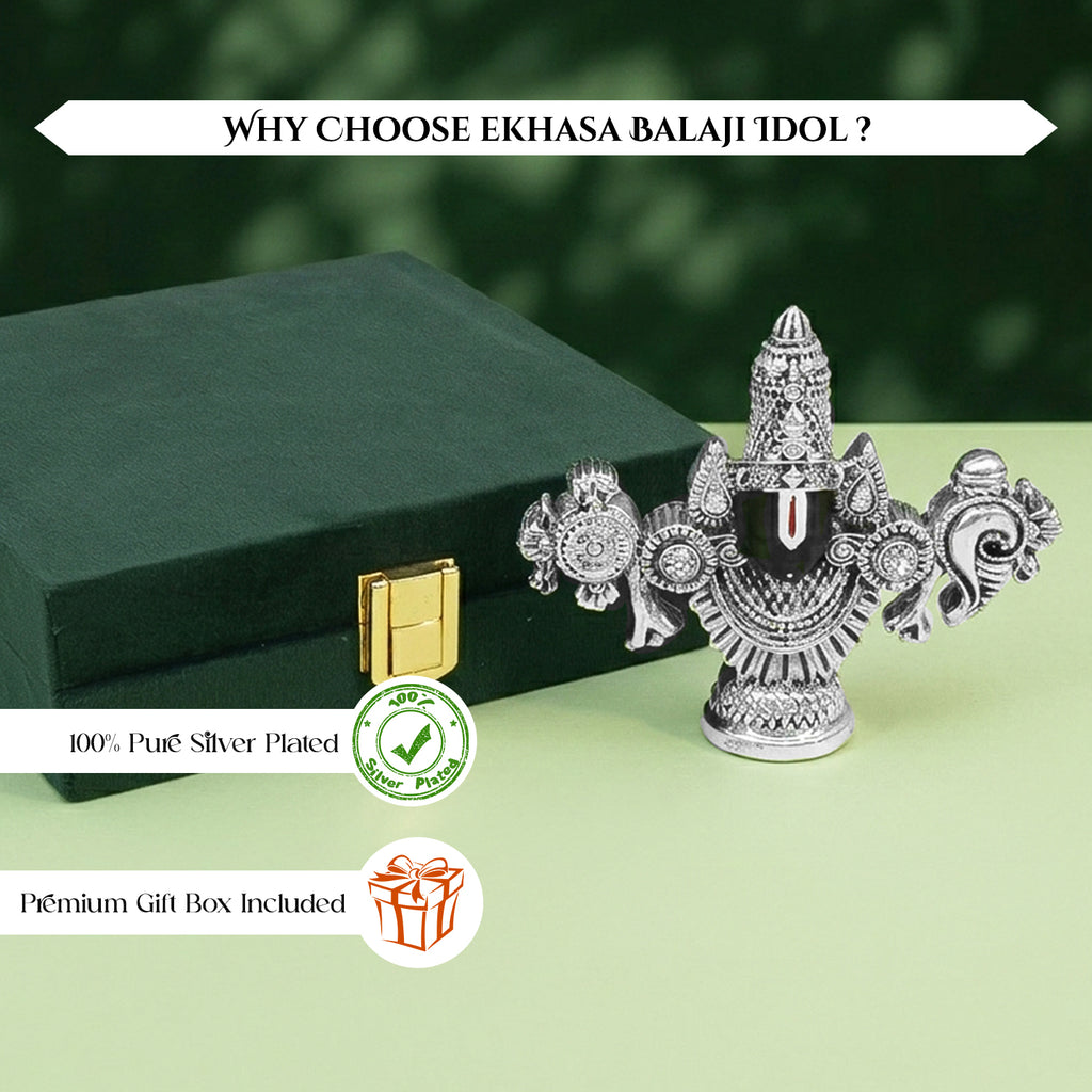 999 Silver Plated Tirupati Balaji Venkateshwara Idol with Green Velvet Gift Box for Vastu, Housewarming & Wedding Gifting