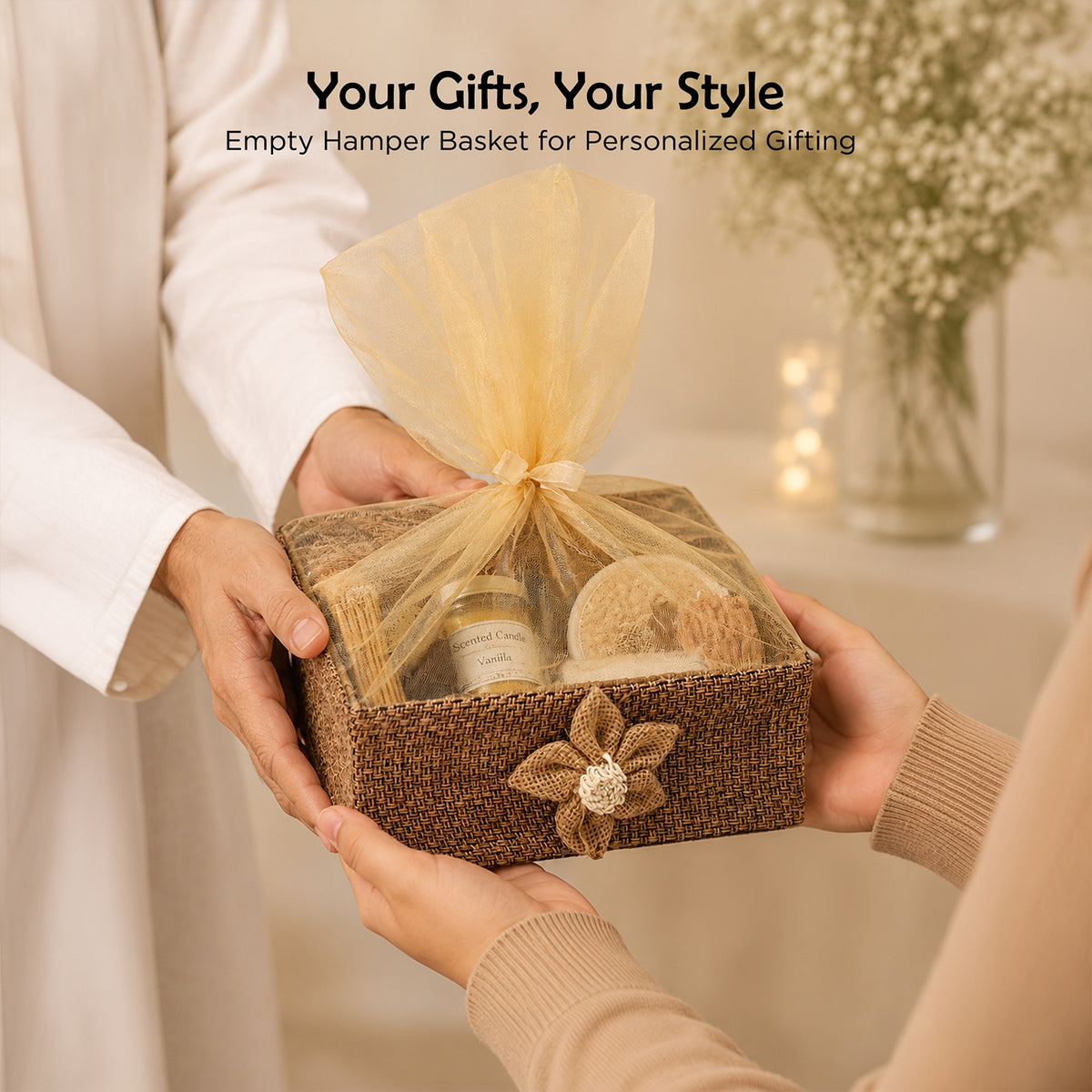 Floral Jute Gift Hamper Basket with Net Cover (21.5 x 21 x 8 cm)