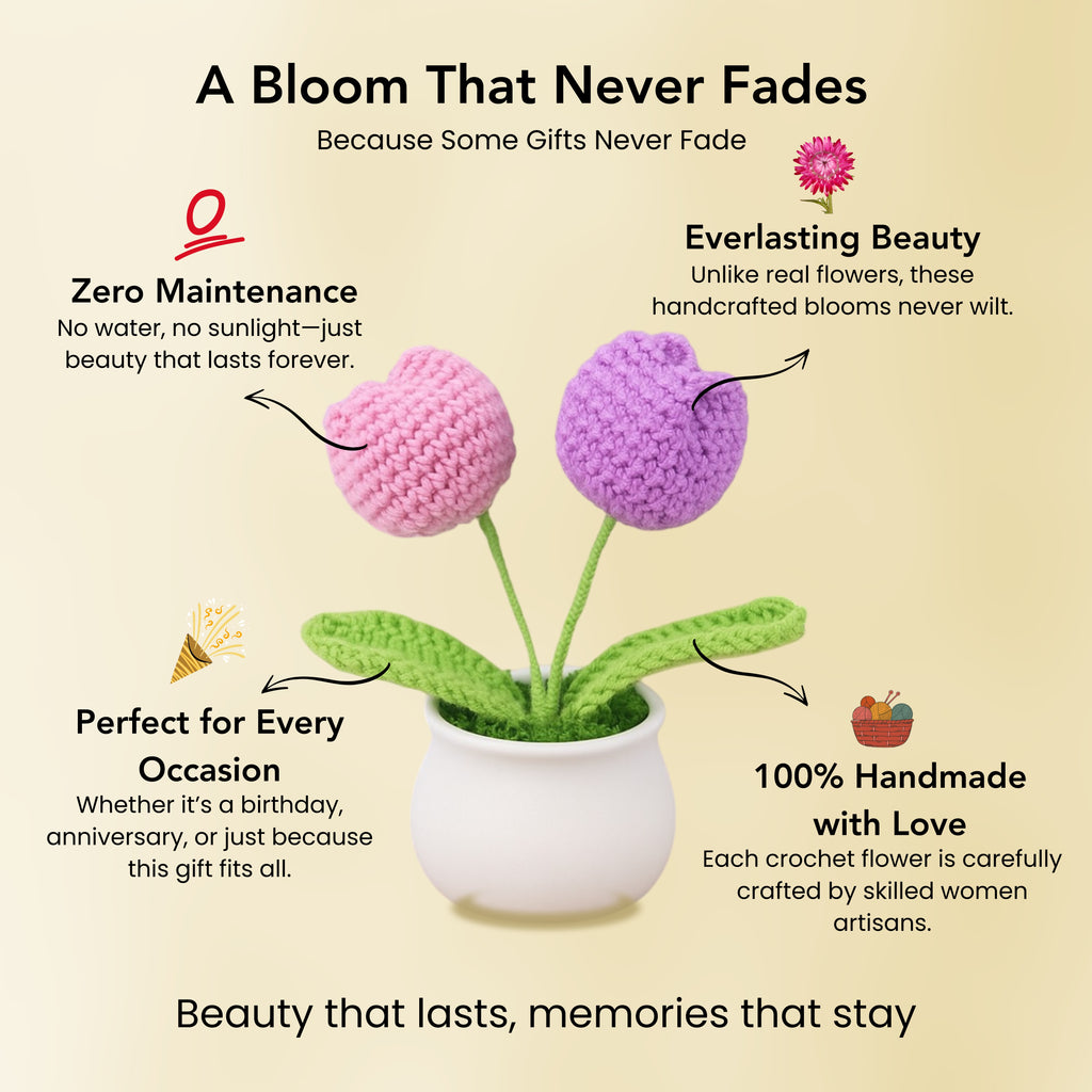 Crochet Tulip Flowers Pot for Home Decor & Office Desk Decoration