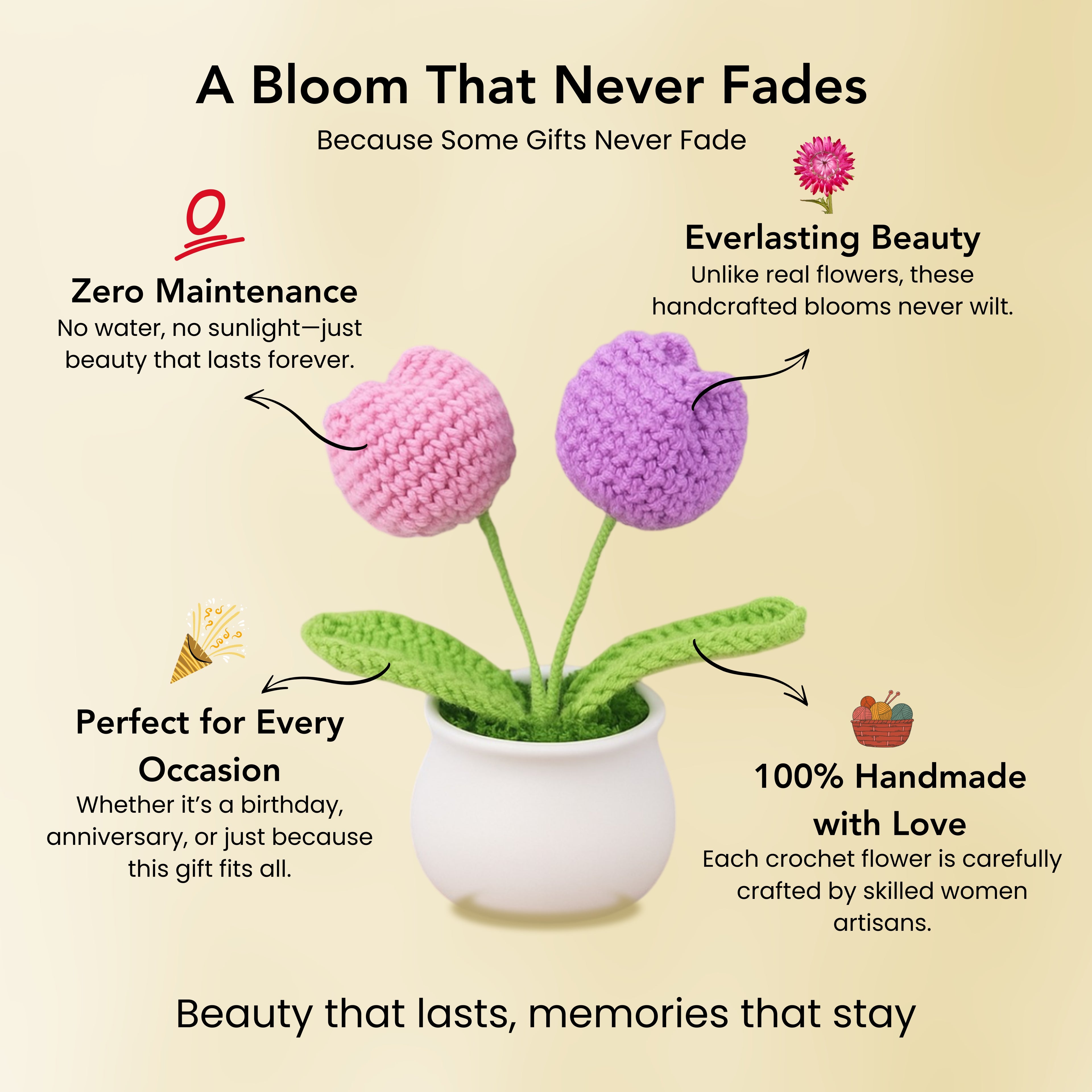 Crochet Tulip Flowers Pot for Home Decor & Office Desk Decoration