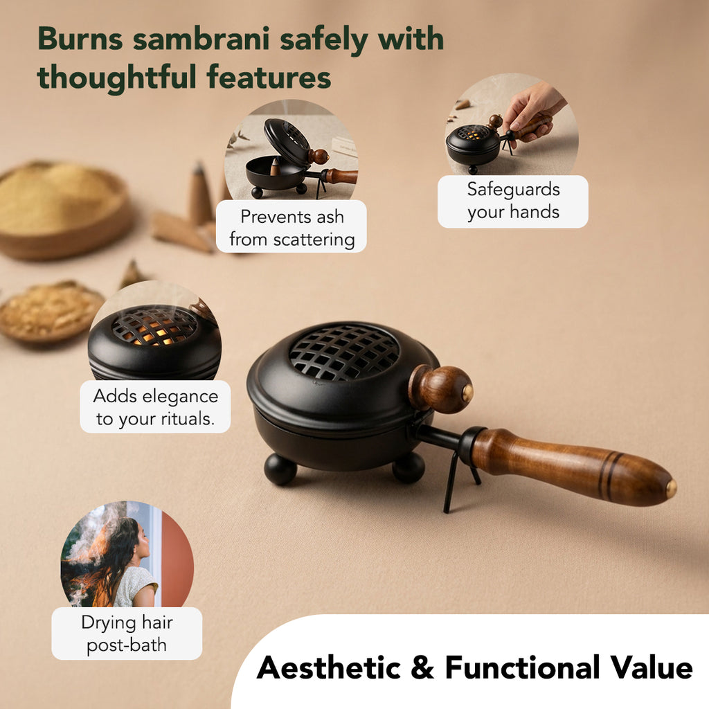 Metal Dhoop Dani with Wooden Handle for Pooja, Meditation & Home Temple Rituals