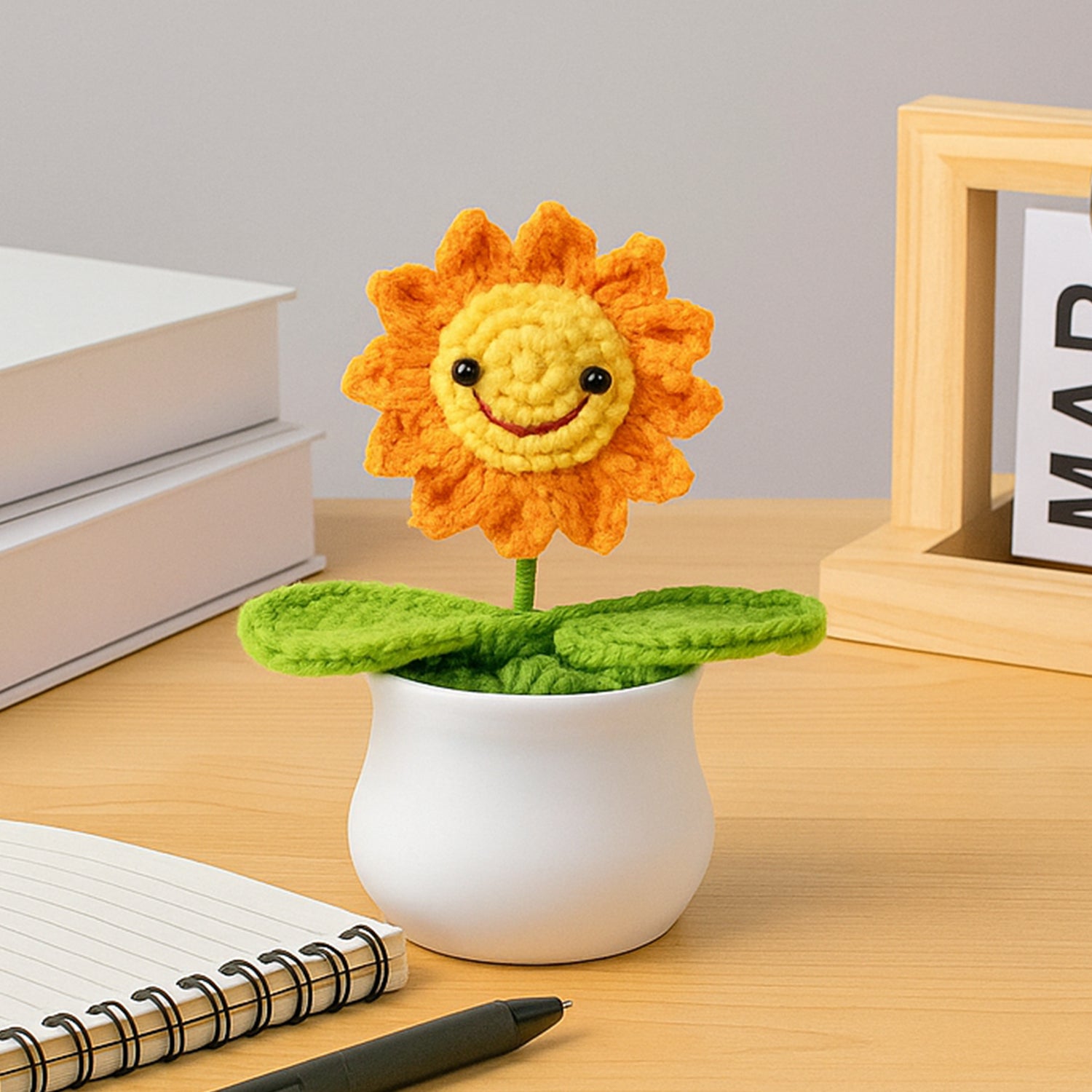 Smiley Sunflower Crochet Flowers Pot for Home Decor, Car Dashboard & Gifting