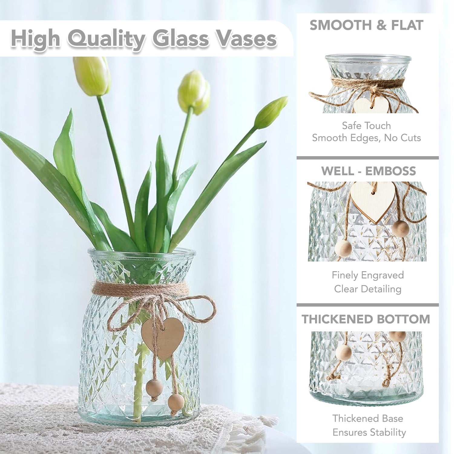 Glass Flower Vase with Heart Charm for Home Decor, Table Decor & Gifting
