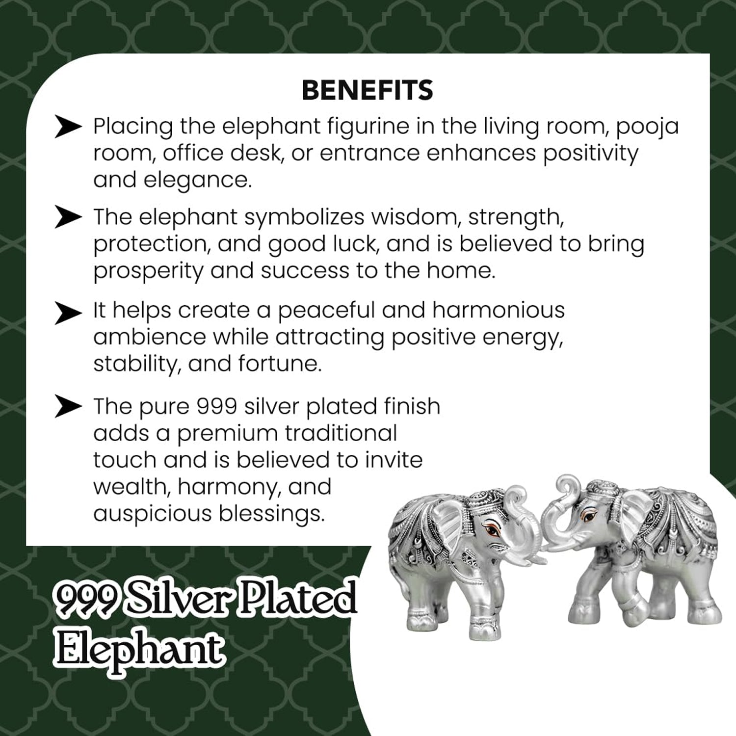 999 Silver Plated Elephant Pair with Green Velvet Gift Box for Vastu, Housewarming & Wedding Gift