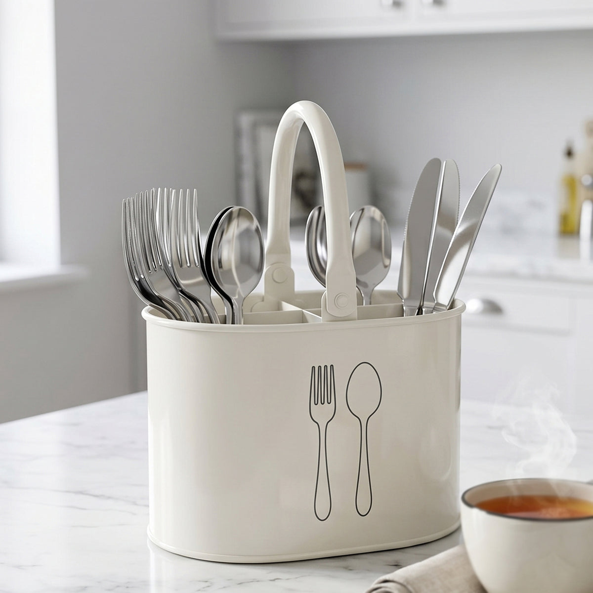 4 Compartment Metal Cutlery Holder with Handle