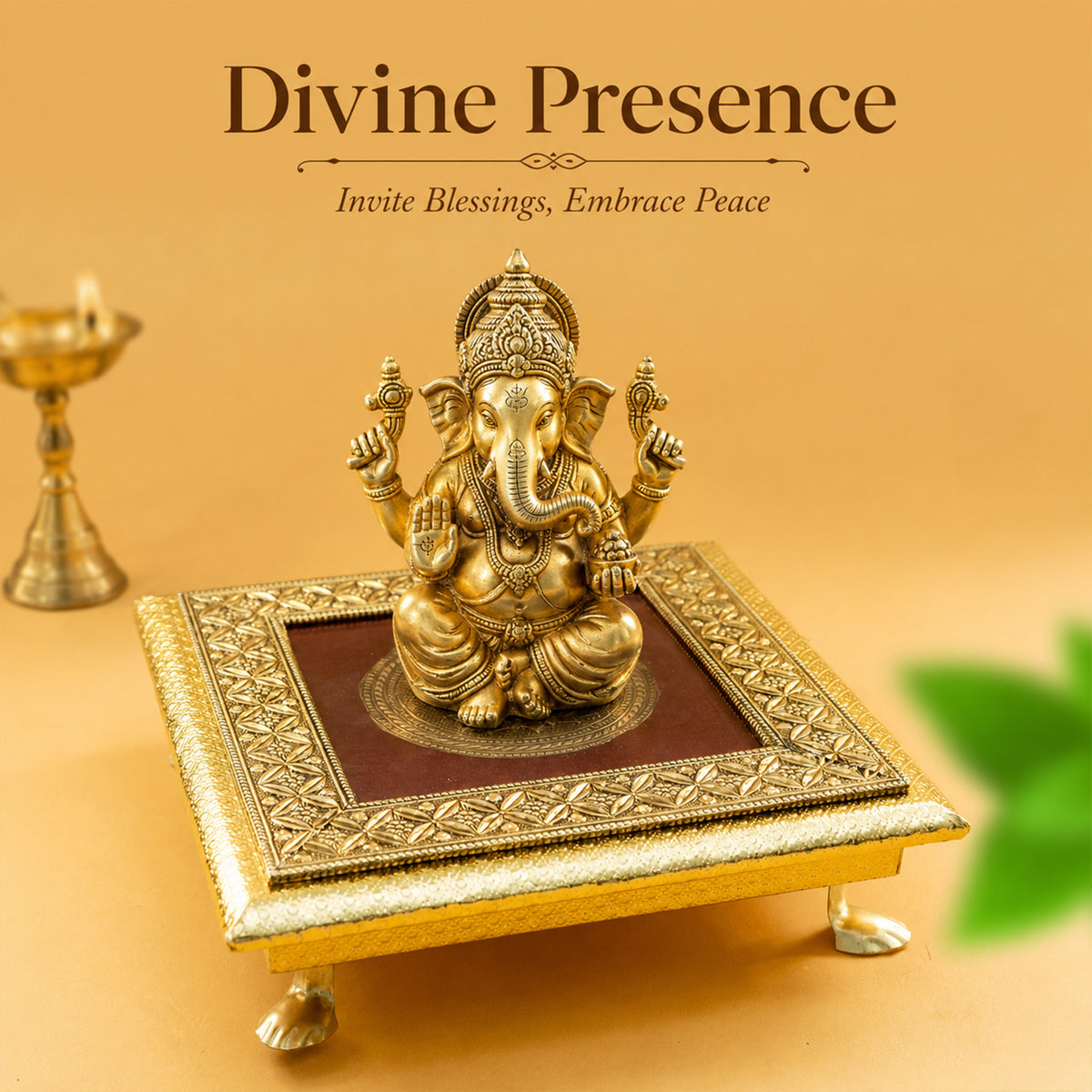 Gold Toned Wooden Lakshmi Chowki for Pooja, Home Temple & Festive Gifting