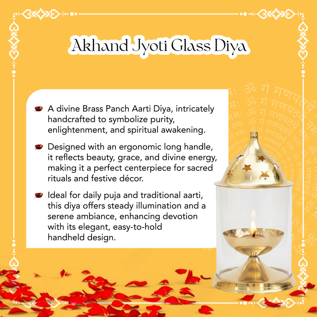 Brass Akhand Jyot Diya with Adjustable Bati Knob & Glass Cover for Puja