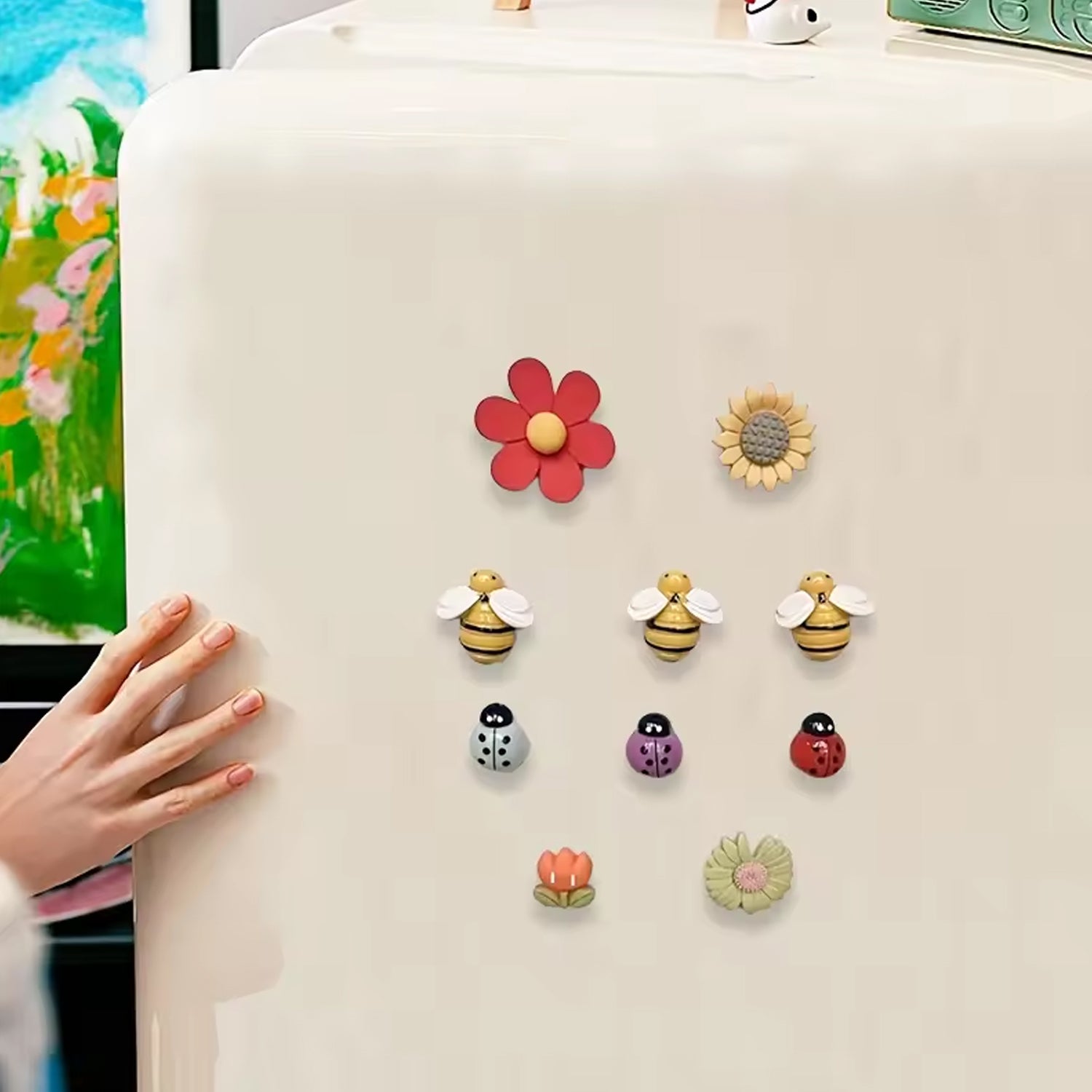 Floral Bees Fridge Magnet Set of 10 for Home & Kitchen Decor
