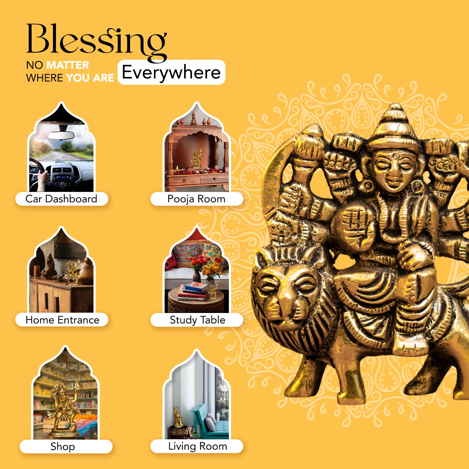 Brass Durga Maa Idol for Home Decor, Office Desk & Car Dashboard