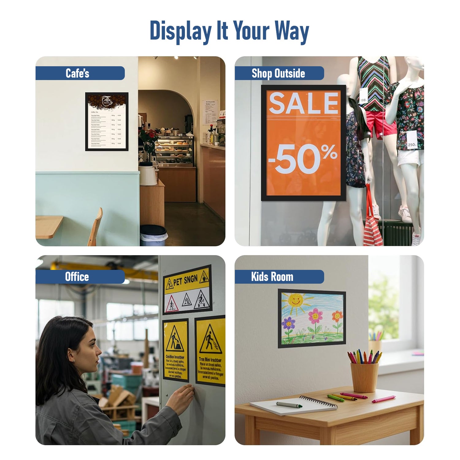 Wall Mounted Magnetic Holder Display Frame Pack of 6 for Office, Home, Store & Classroom