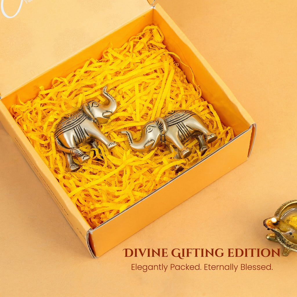 Brass Elephant Showpiece Pair with Gift Box for Housewarming, Wedding & Gifting