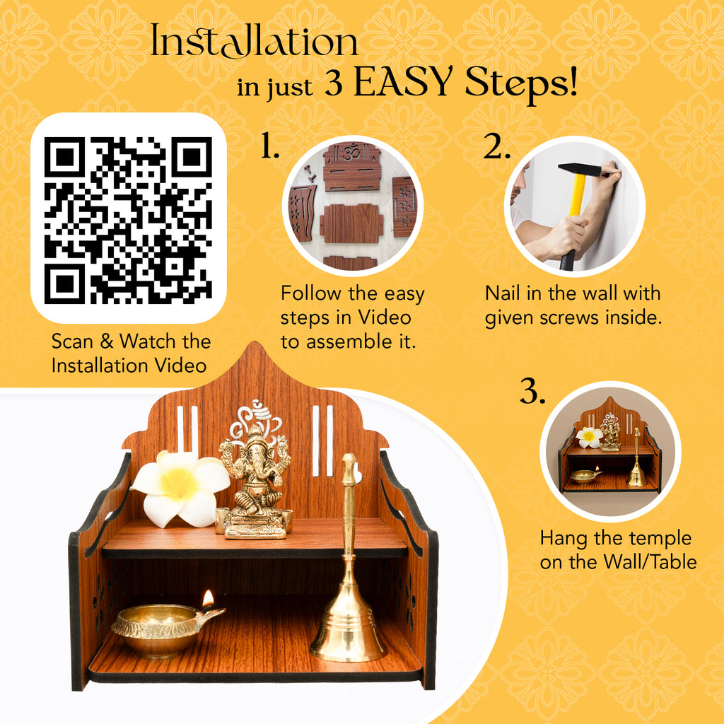 Wooden Wall Mounted Temple with Bells for Puja , Office & Home Decor