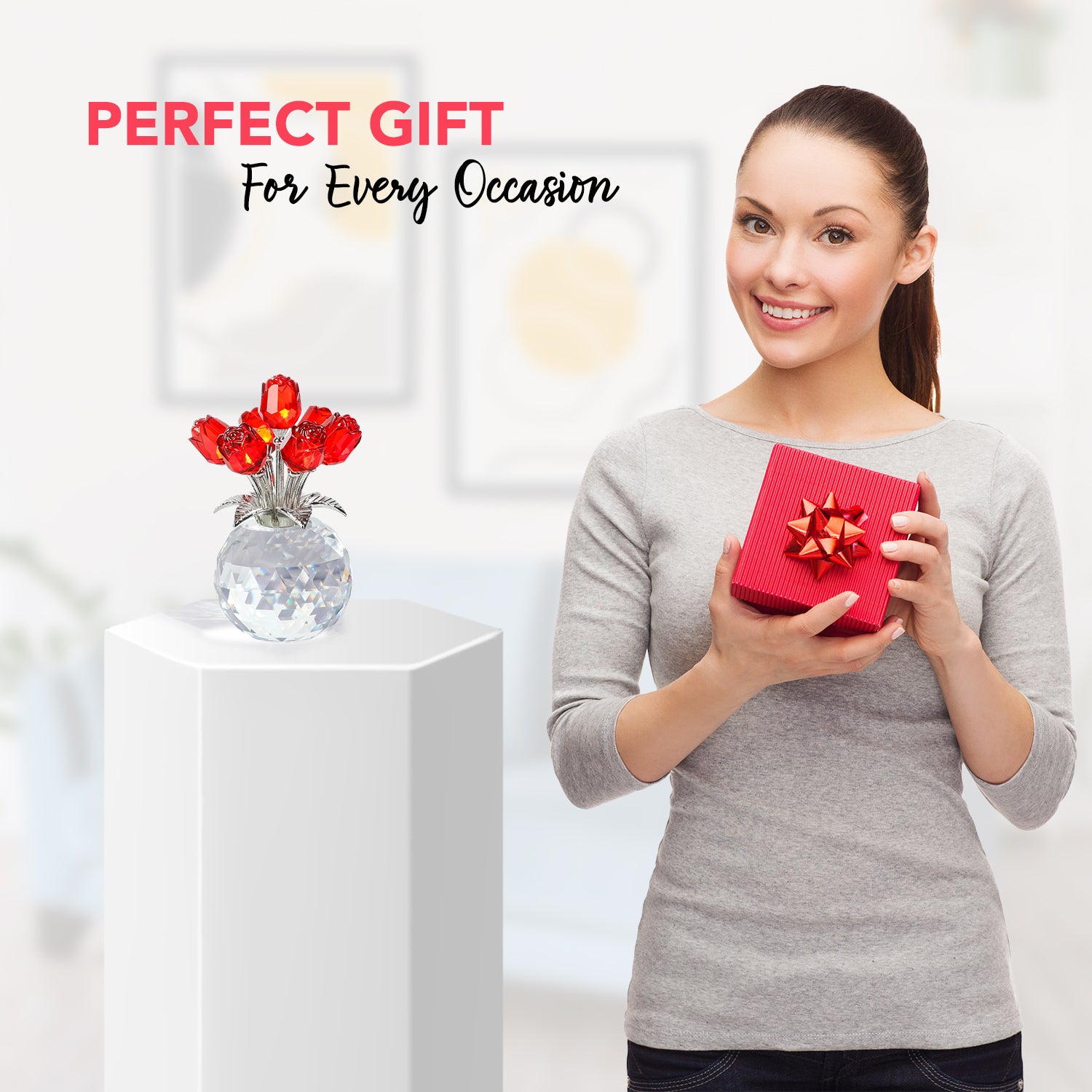 Crystal Red Rose Showpiece with Vase for Home Decor, Office & Table Decoration