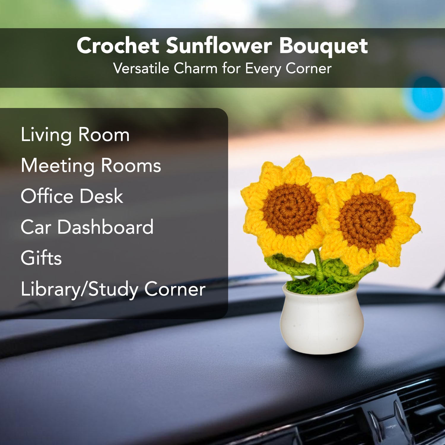 Crochet Sunflower with Pot for Car Dashboard, Table Decor, Office & Home Gifting