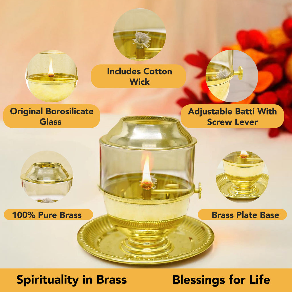 Brass Akhand Jyot Diya with Adjustable Bati Knob & Glass Cover for Puja(Large Size, 250 ml Oil Capacity)