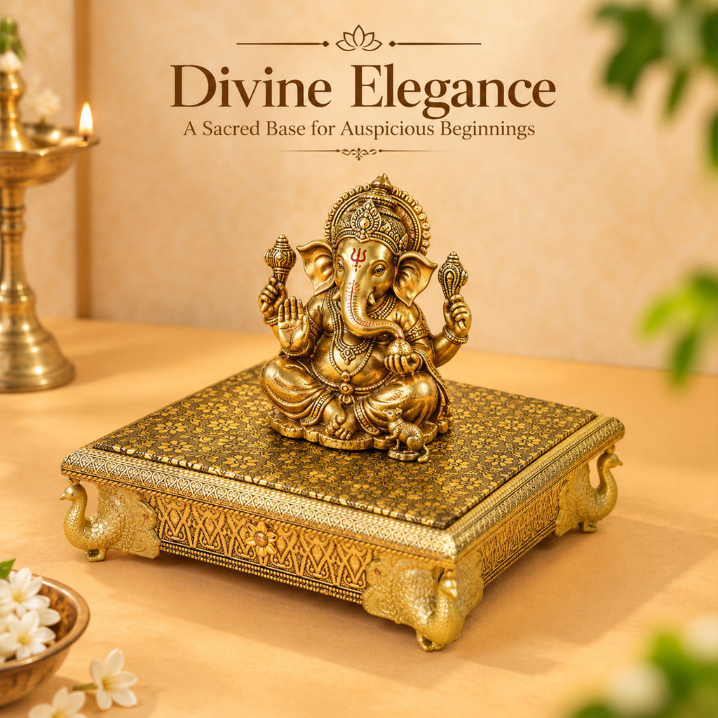 Gold Toned Wooden Peacock Chowki for Pooja, Home Temple & Festive Gifting