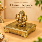 Gold Toned Wooden Peacock Chowki for Pooja, Home Temple & Festive Gifting