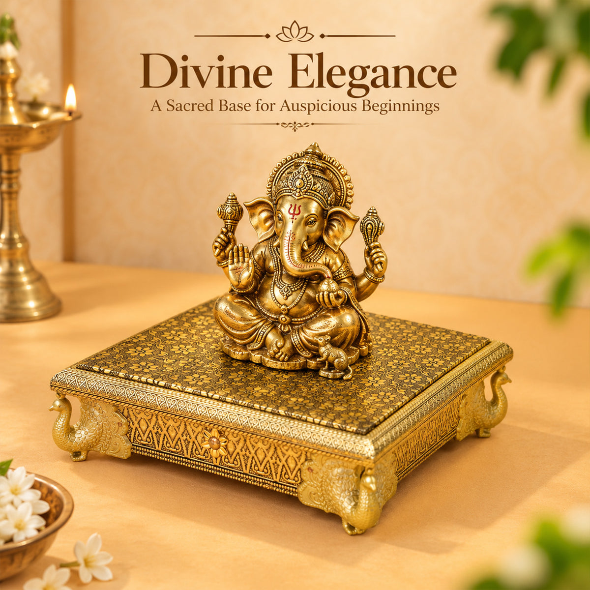 Gold Toned Wooden Peacock Chowki for Pooja, Home Temple & Festive Gifting