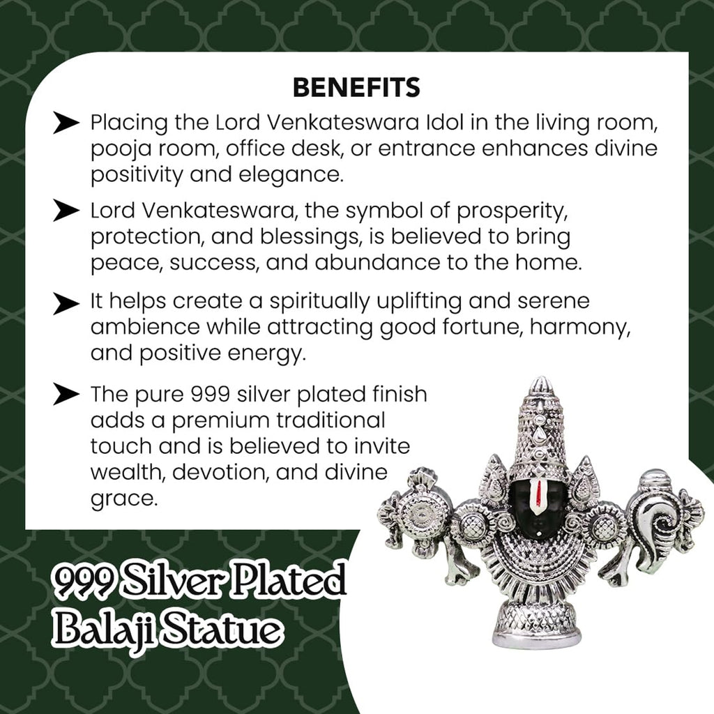 999 Silver Plated Tirupati Balaji Venkateshwara Idol with Green Velvet Gift Box for Vastu, Housewarming & Wedding Gifting