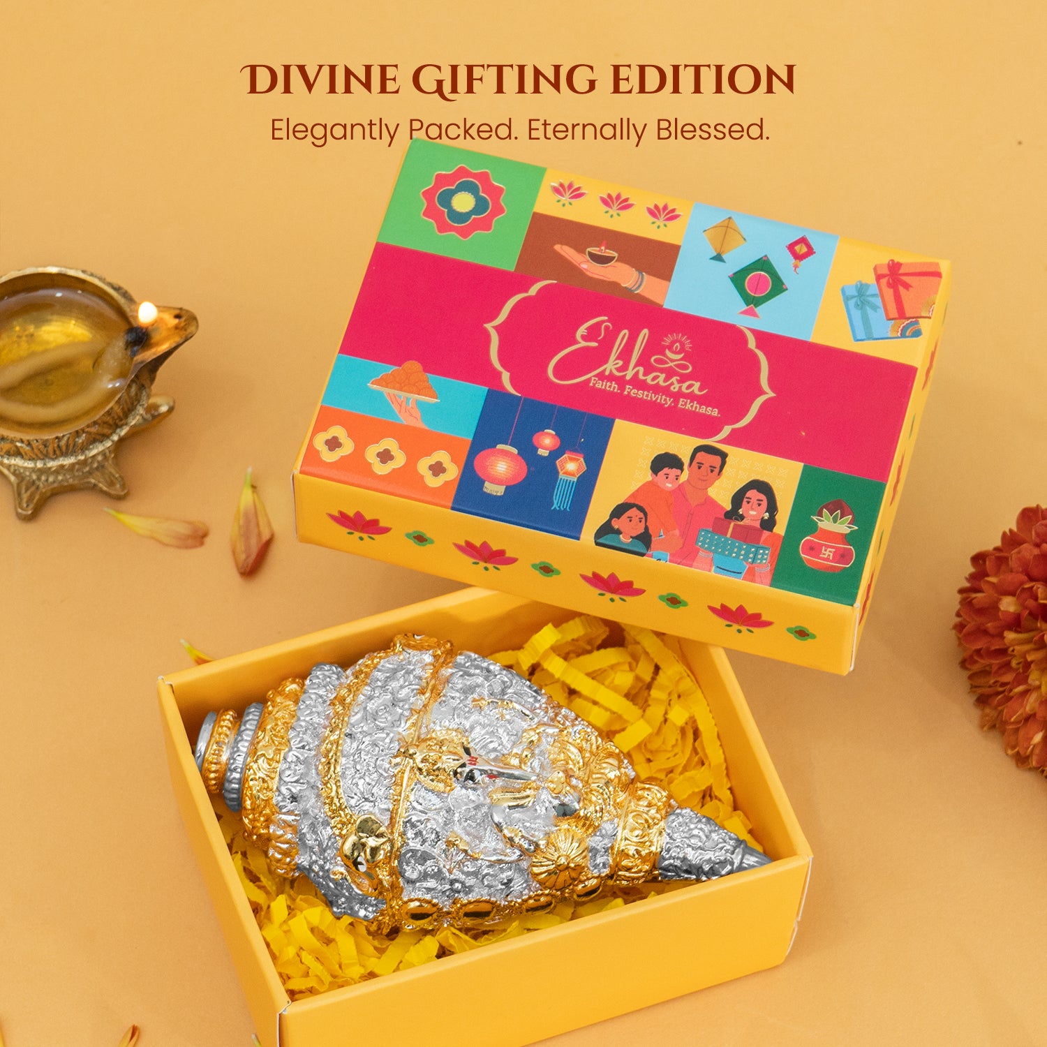 999 Silver Plated Ganesha Shankh with Gift Box for Vastu, Pooja & Gifting for Housewarming, Wedding