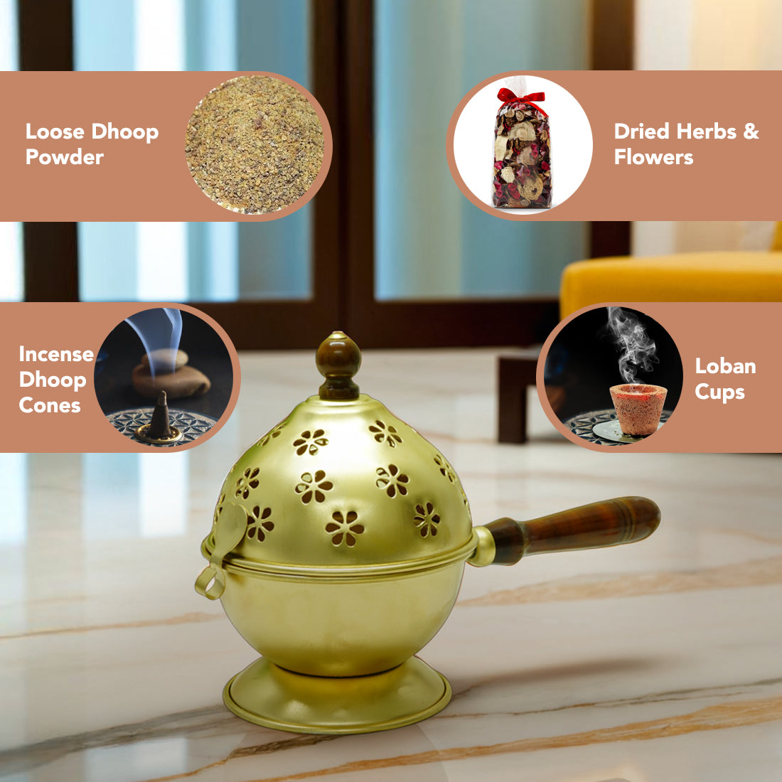 Metal Dhoop Dani with Wooden Holder for Pooja & Home Decor