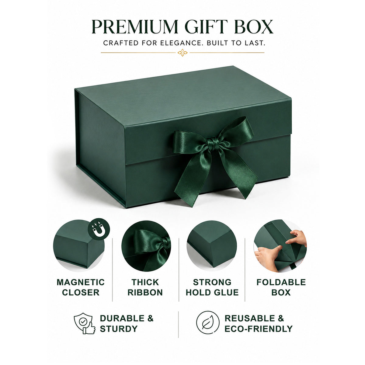 Green Foldable Multipurpose Empty Gift Hamper Box with Magnetic Closure & Ribbon (21.5 x 21 x 9.5 cm)