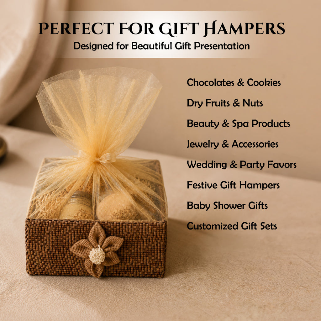 Floral Jute Gift Hamper Basket with Net Cover (21.5 x 21 x 8 cm)